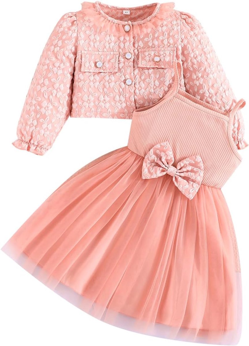 Meisjesjurken en mantels, set van 2 stuks, getextureerde bloemenprint, lange mouwen, gebreide jas, baby, meisjes, kleding, outfits voor 2-8 jaar