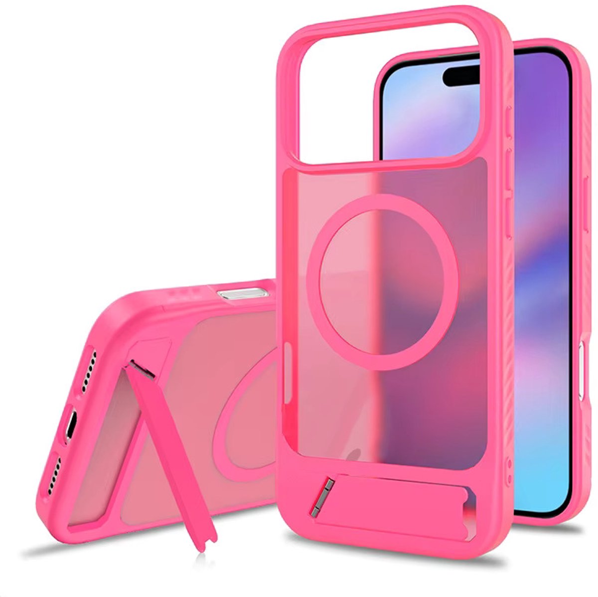 Hoesje Geschikt voor Apple iPhone 18 Pro - Neon Roze - Casemania Magnetisch Matte Armor Back Cover met Kickstand - Geschikt voor MagSafe Draadloos Opladen - Telefoonhoesje met Handsfree Standaardfunctie