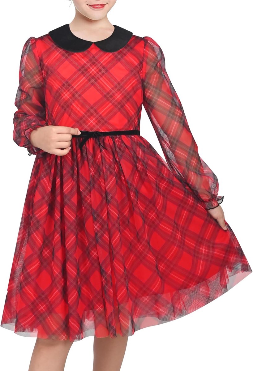 Jurk Plaid Tartan Halsband Boog Riem Gewoontjes Feestelijk Kerstmis Partij Winter 6-12 jaar