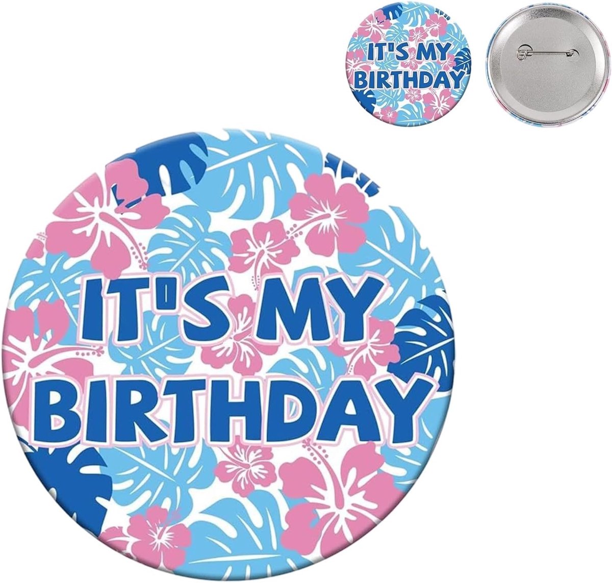 It's My Birthday, 5,8 cm Happy Birthday, broches met hibiscusbloem en palmblad, verjaardagsdecoratie, voor vrouwen en mannen, roze, blauw, 2 stuks