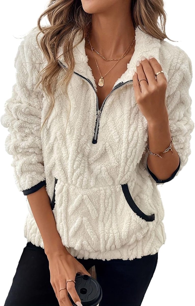 Fleecepullover voor dames, jacquard jas met hoge kraag, fleece, sweatshirt, herfst, winter, sweatshirt met ritssluiting en zakken