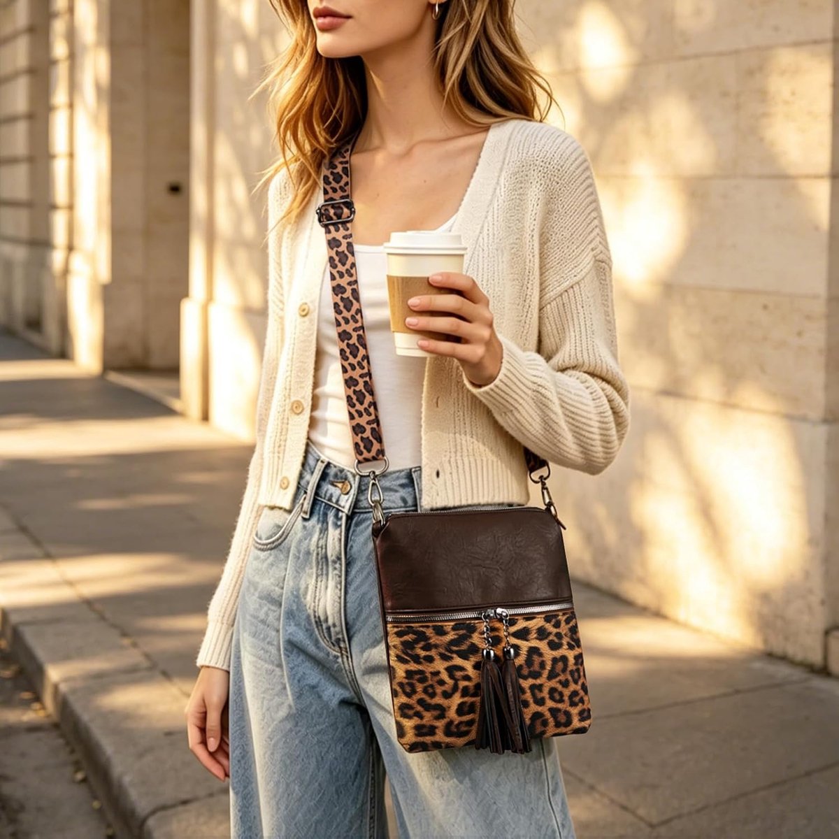 Schoudertassen voor dames, medium leer, crossbody schoudertas, luipaard crossbody-tas, multi-pocket casual telefoontas voor dagelijks gebruik, verstelbare brede riem, kwastje