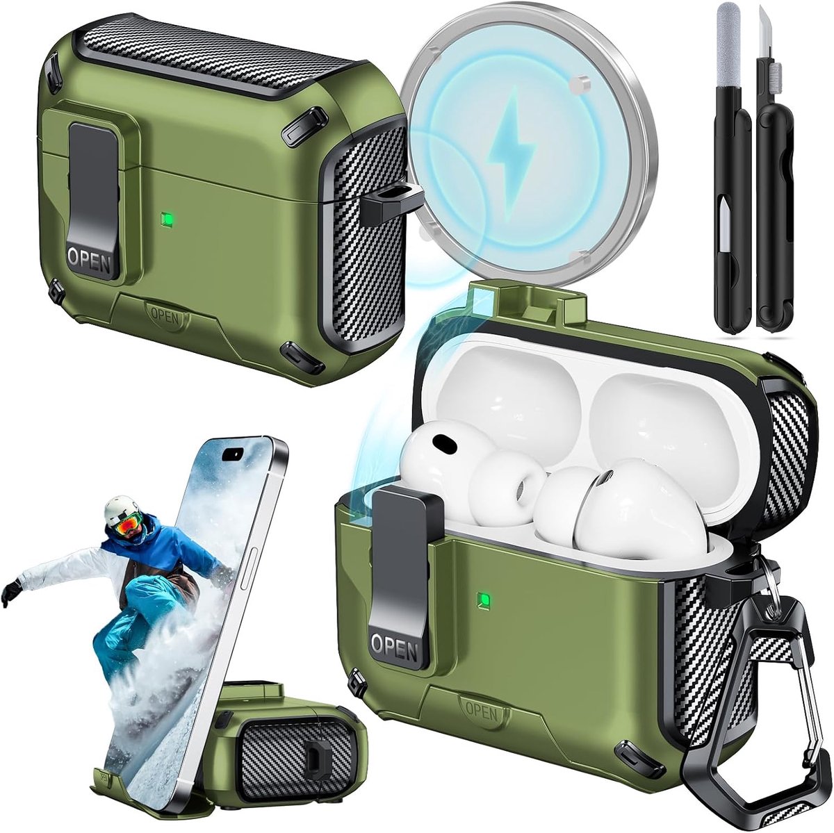 AirPods Pro 3 Magnetisch Hoesje met Telefoonhouder (Olijfgroen)