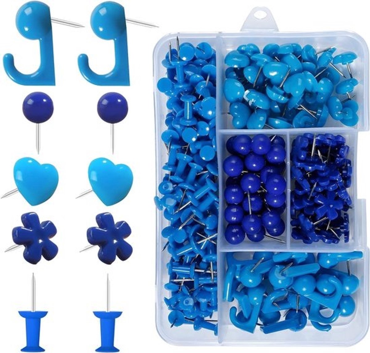 Punaises Set - Duimspijkers Prikkers - Documenten Bevestigen - Verschillende Vormen - 215 Stuks - Blauw