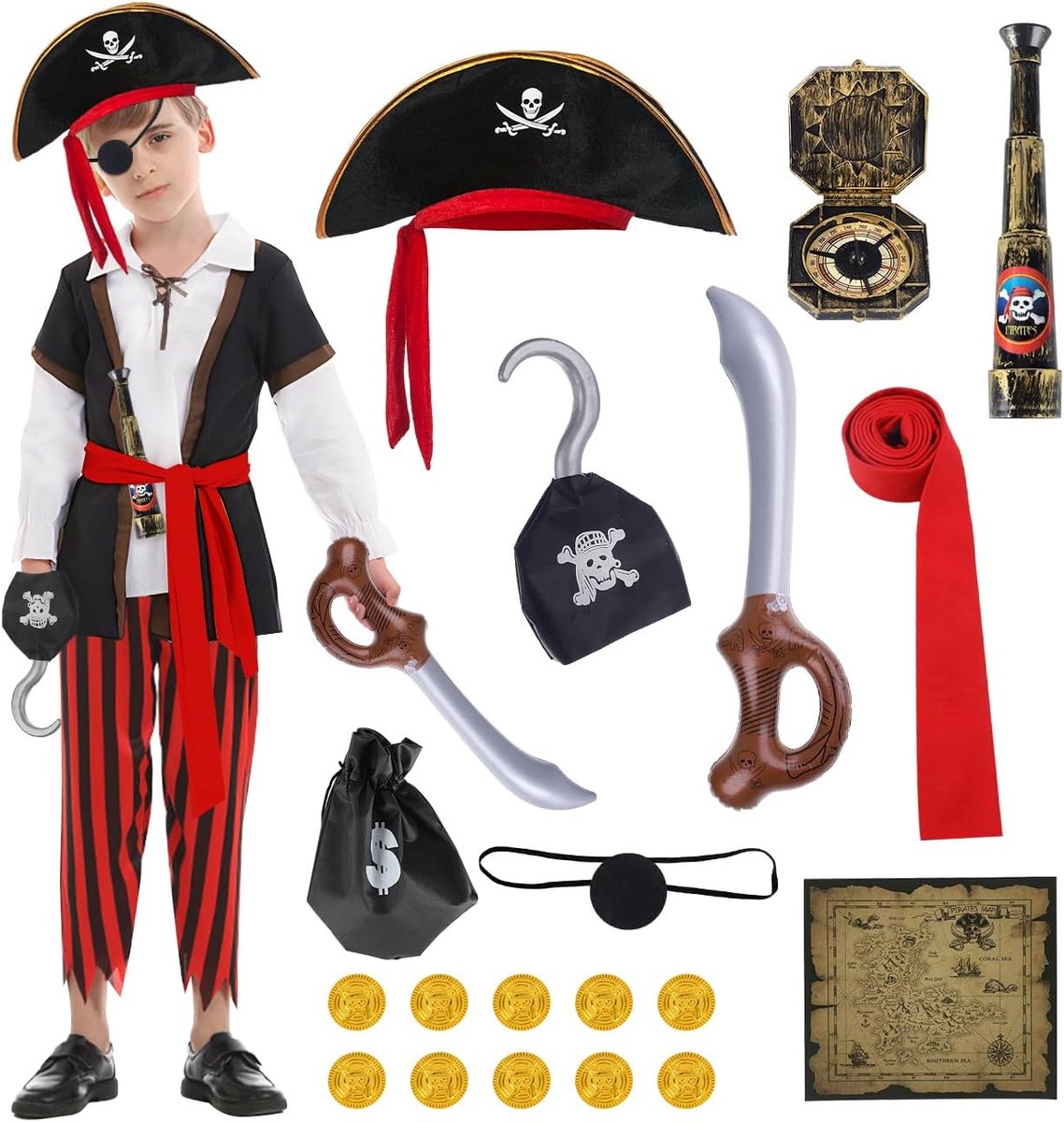 Piratenkostuum voor kinderen, piratenkostuum voor kinderen, met piratenhoed, accessoires, piratas cosplay, carnaval, piratas kinderen, voor cosplay, party, Halloween, Kerstmis