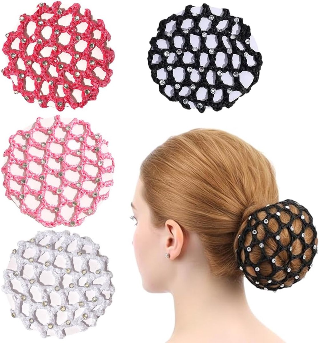 Haarnetje voor knot, met strassteentjes, voor dames, professioneel, ballerina's, studenten en bruiloften, 4 stuks
