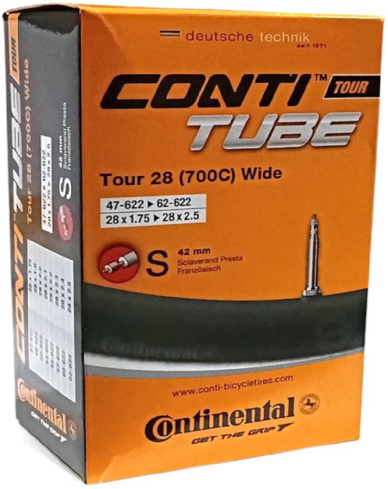 Oranje doos met Continental Tour 28 (700C) Wide binnenband. 47-622/62-622. 42 mm Presta ventiel.