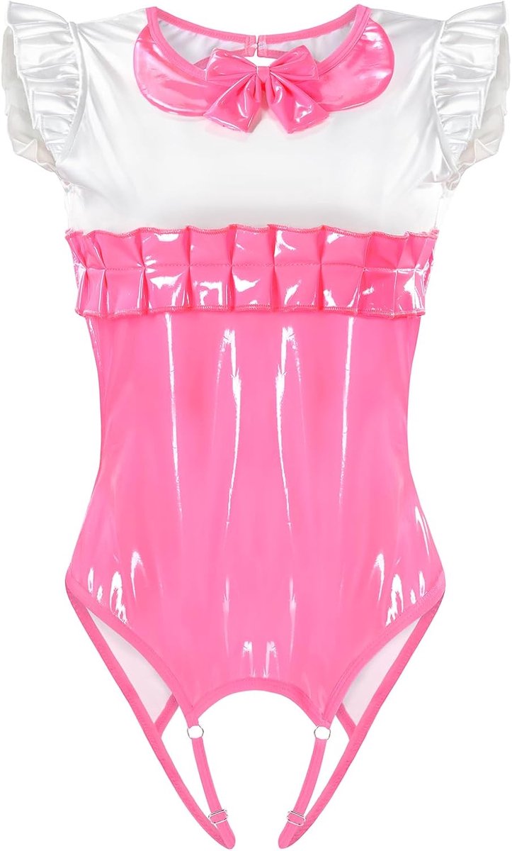 Sexy schattige latex-look, peekaboo, bodysuit, crotchless, rugvrij, mouwloos, high-cut, glanzende catsuit-pak, onesie, pyjama