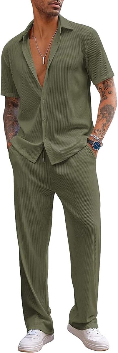 2 stks Casual Outfits Korte Mouw Button Down Shirt & Trekkoord Broek Zomer Wandelpakken
