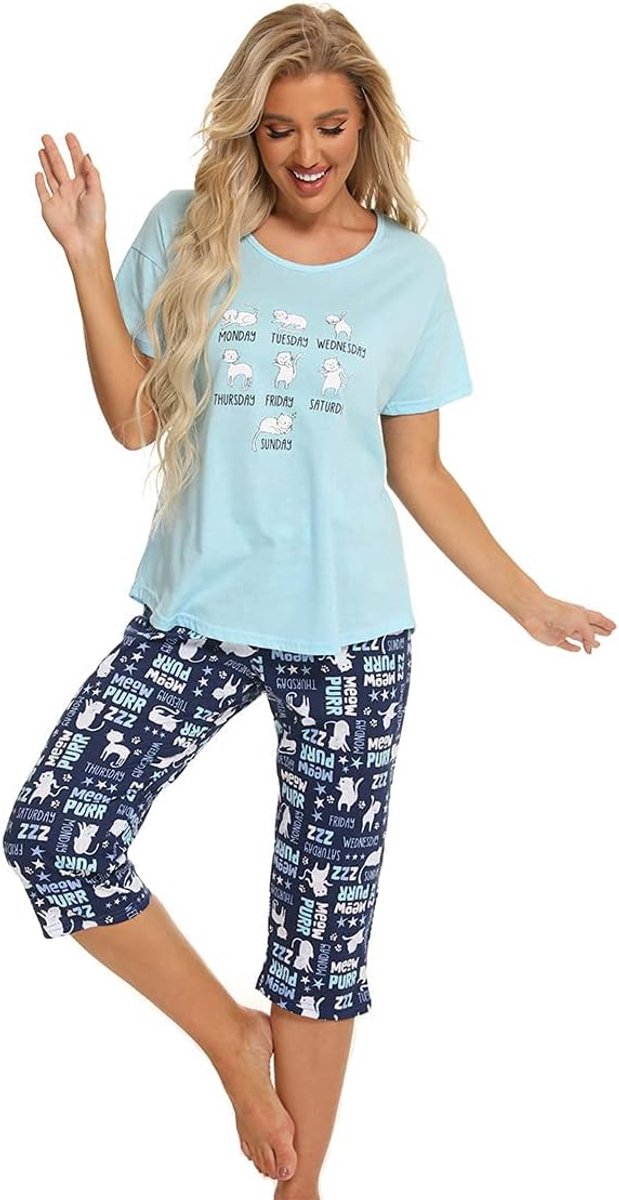 Damespyjama, tweedelige pyjama, zomer, nachthemd, korte mouwen, huispak, katoen, sleepwear, nachtkleding, bovendeel en broek
