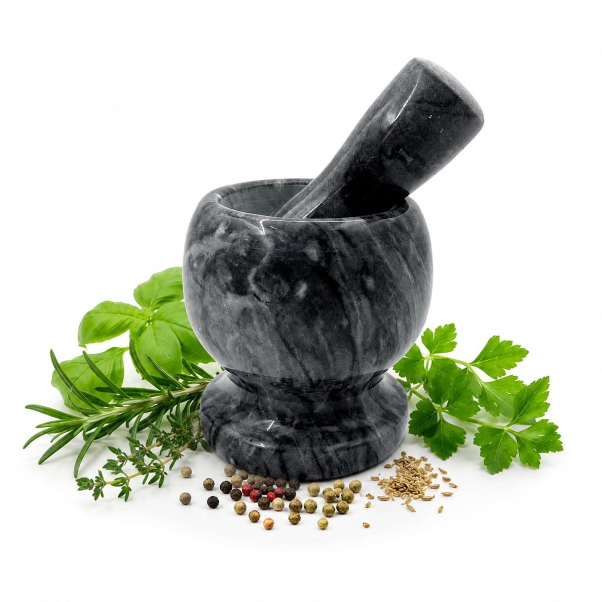 Vijzel en Stamper van Zwart Marmer – Handmatige Kruidenmaler voor Kruiden, Specerijen en Smaakmakers – Robuust Keukenaccessoire – 11 x 11 cm