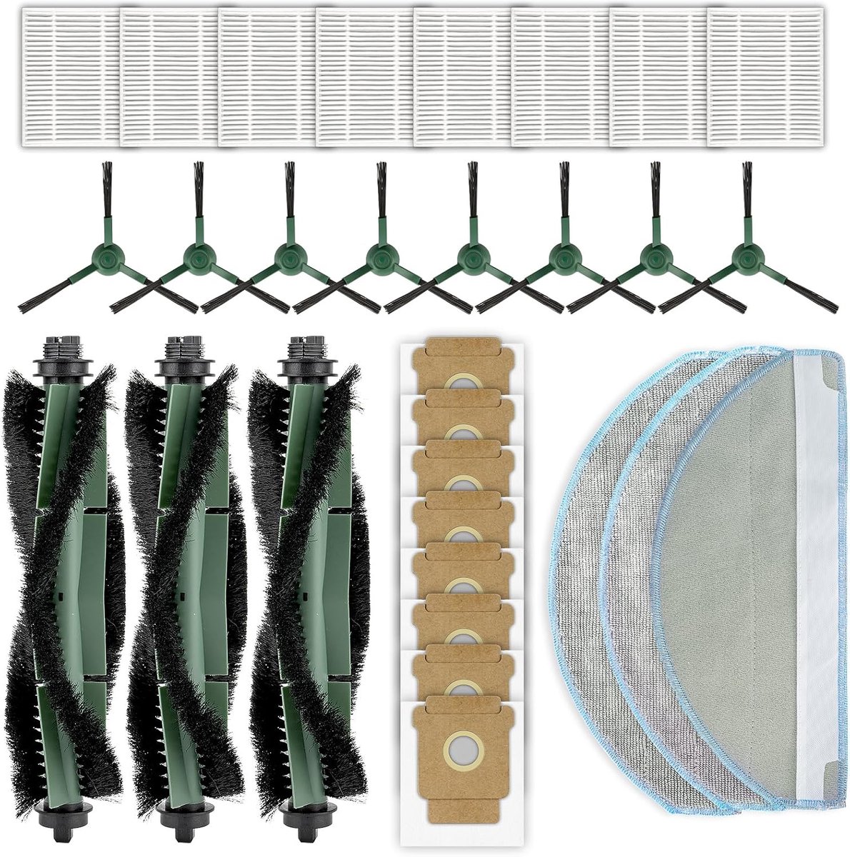 (30 Pack) 105 Combo Accessoires Onderdelen voor iRobot 105 Combo Robot, Vacuüm 2 Essentiële Robot Q0520, 3 Roller Borstel, 8 Zijborstels, 8 HEPA-filters, 8 Stofzakken, 3 Dweilpads