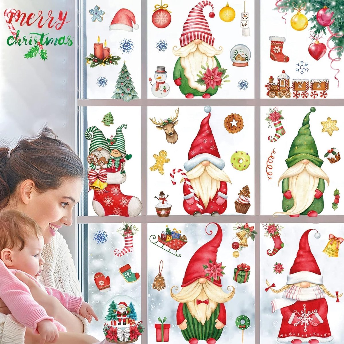 9 stuks kerststickers, kerstraamstickers, kerstvenster voor ramen, raamstickers, feestdecoraties (B)