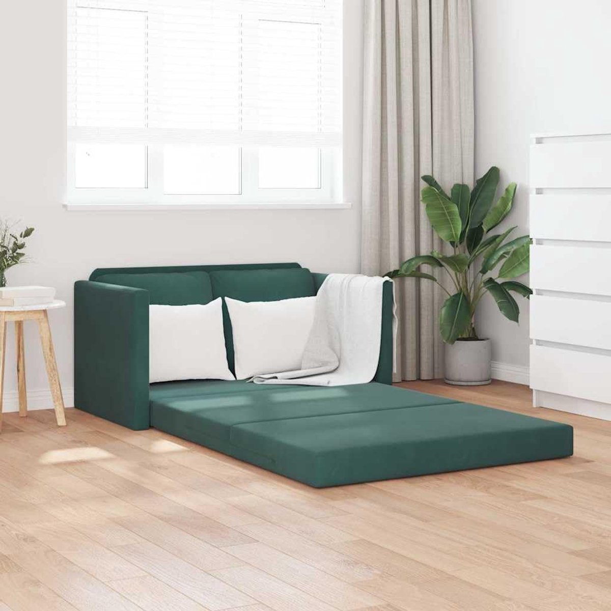 Vloerbank met slaapfunctie, donkergroen, 122 x 204 x 55 cm, fluweel, 2-in-1 zitgelegenheid, opvouwbaar, metalen frame