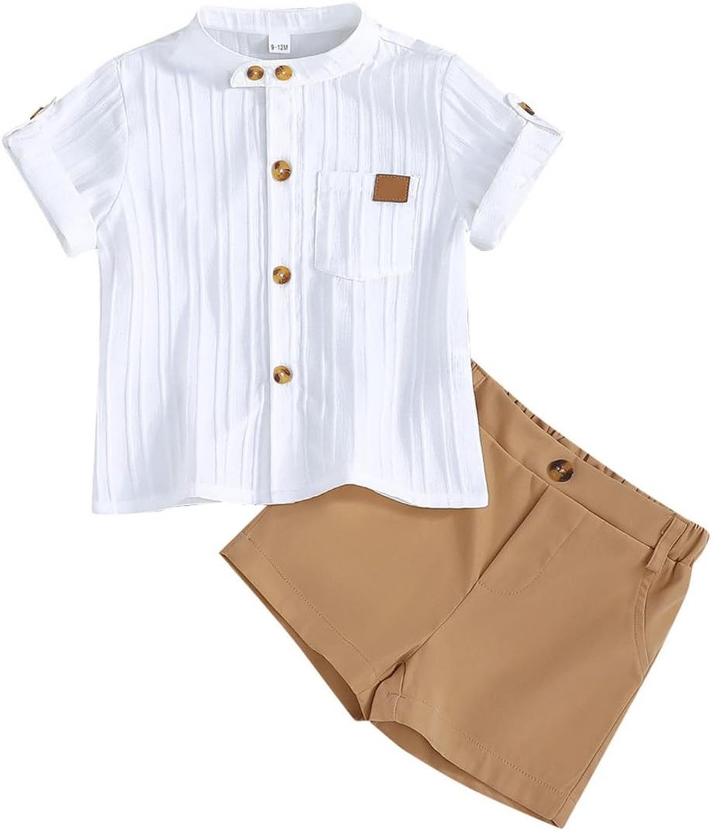 Zomerkledingset voor baby's en kinderen, een schattig poloshirt met beer + elastiek in de taille, shorts en zakken, 2-delige complete set voor de lente