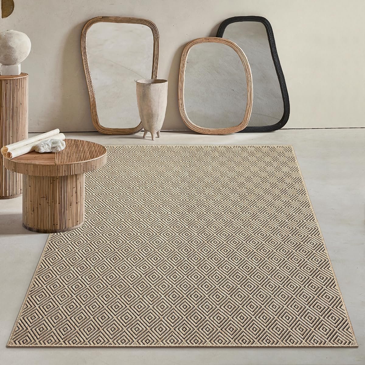 Teppiche Soil Weerbestendig tapijt voor binnen en buiten, in natuurlijke jute-look, weerbestendig, geschikt voor terras en tuin, ruiten, ca. 60 x 180 cm