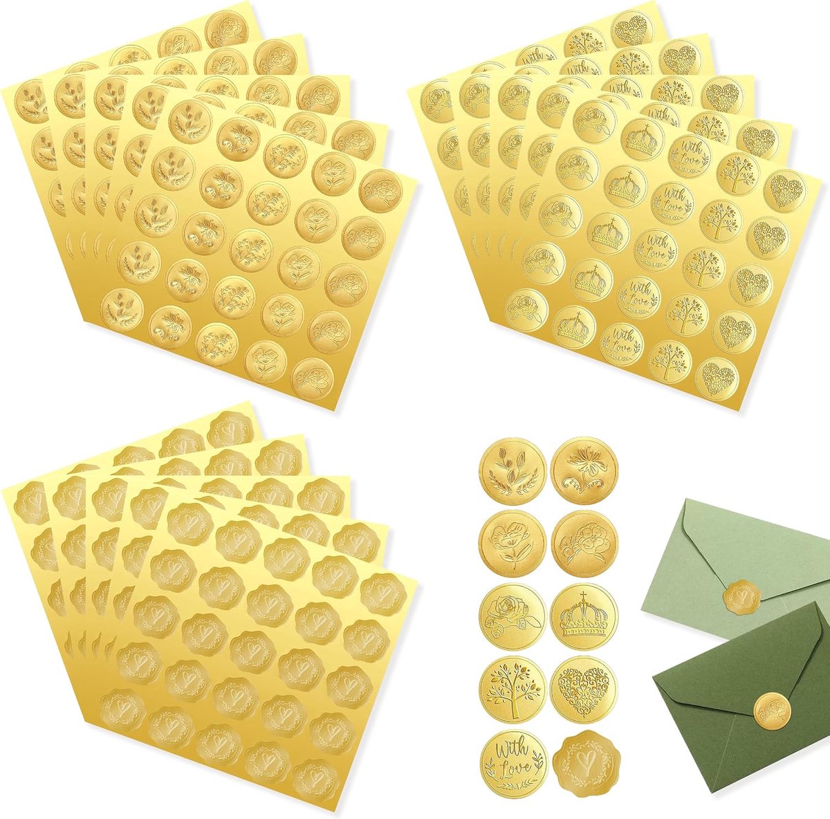 375 Stuks Zelfklevende Waszegel, 15 Vellen Gouden Hartvormige Stickers, Hart Waszegels Gouden Envelop Sticker voor Enveloppen Kaarten Uitnodigingen