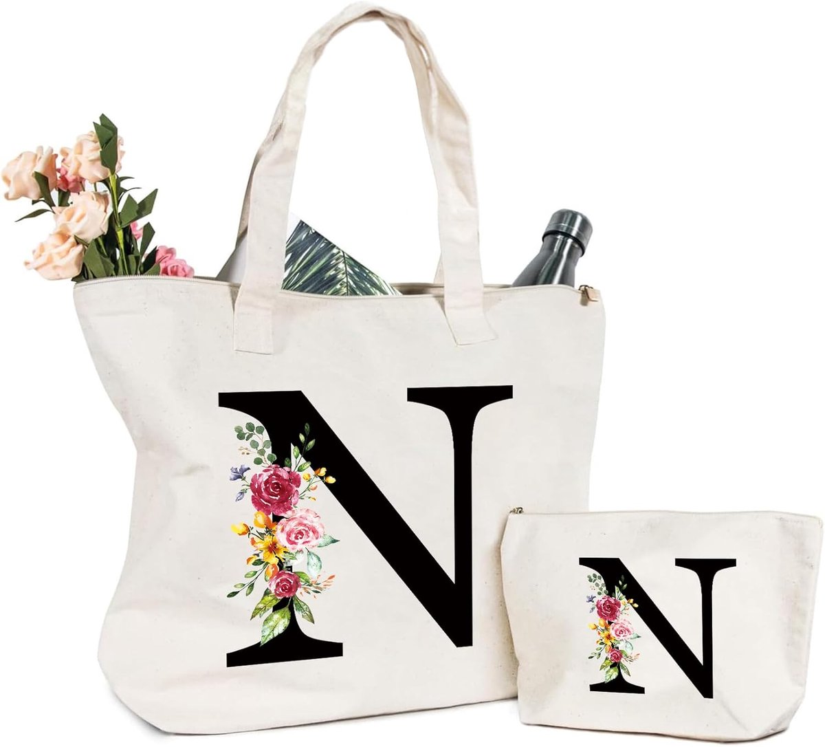 Tas Met Initialen, Boodschappentas Met Letters en Bloemen, Katoenen Canvas Make-uptas voor Bruid, Bruidsmeisje - Cadeau-idee voor Moeder, Verjaardag, Bruiloft, N