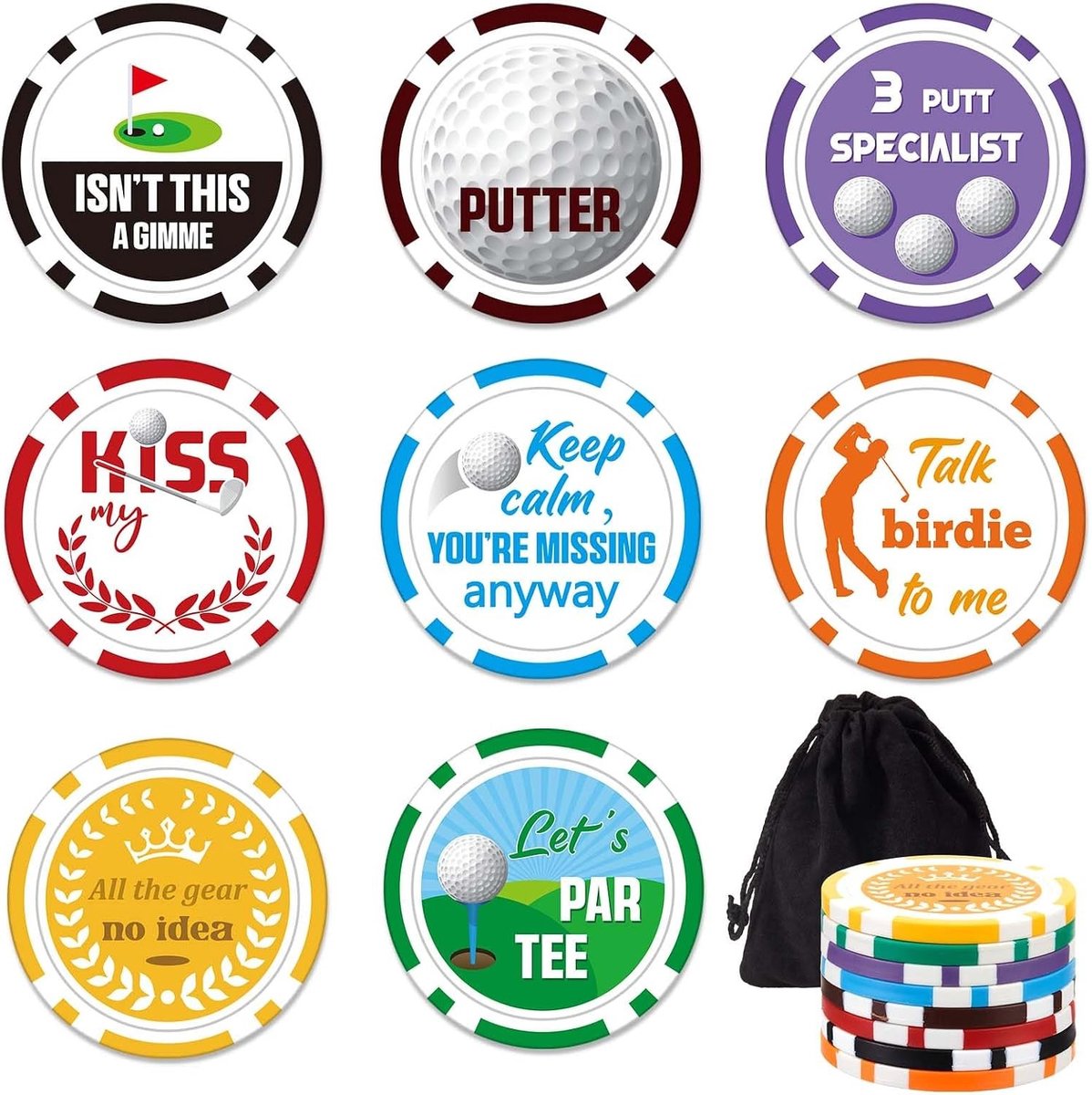 8 Stuks Grappige Golfbal Markers - Poker Chip Editie voor de Putting Green - Leuk Golf Cadeau voor Mannen, Vaderdag en Kerst