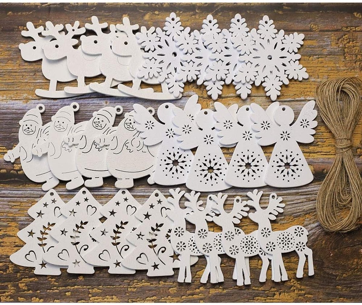 24 Stuks Houten Hangers voor Kerstdecoratie, Elanden en Sneeuwvlokken, DIY Versiering voor de Kerstboom