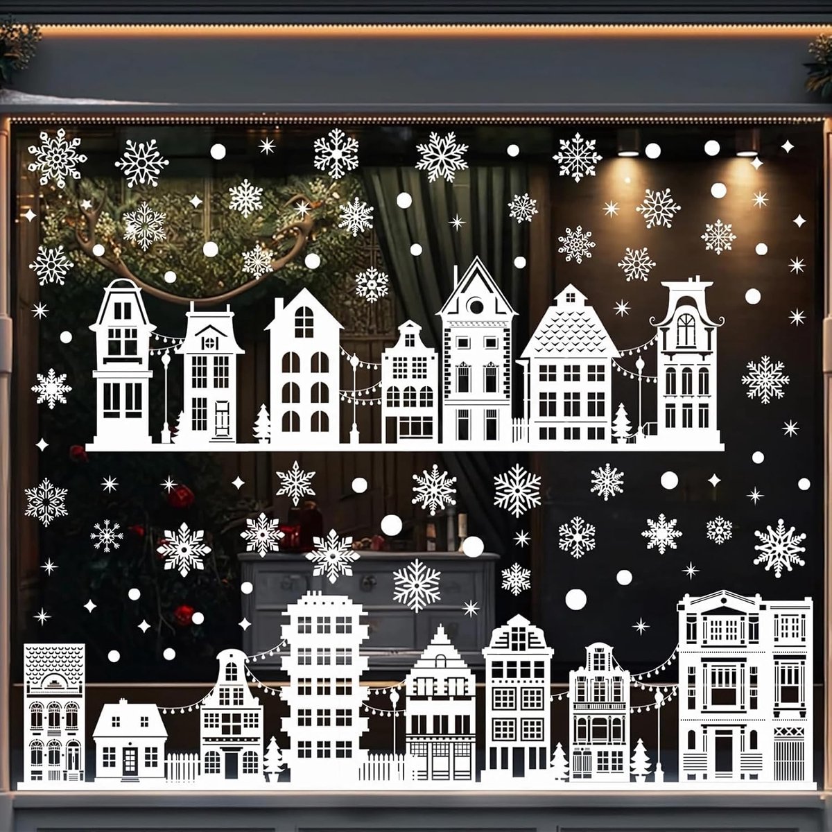 Raamstickers 137 stuks – Zelfklevende herbruikbare kerstdecoratie – Sneeuwhuisjes winter raamdecor – 30x20 cm kerstversiering voor thuis, winkel, café – Eenvoudig aan te brengen en te