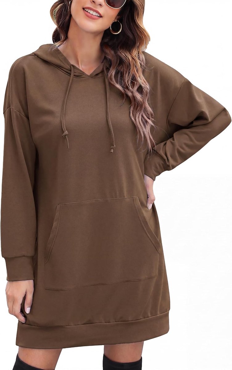 Hoody voor dames, lange sweatshirts met capuchon, lange mouwen, sweatjurk, casual mini-jurk met zakken