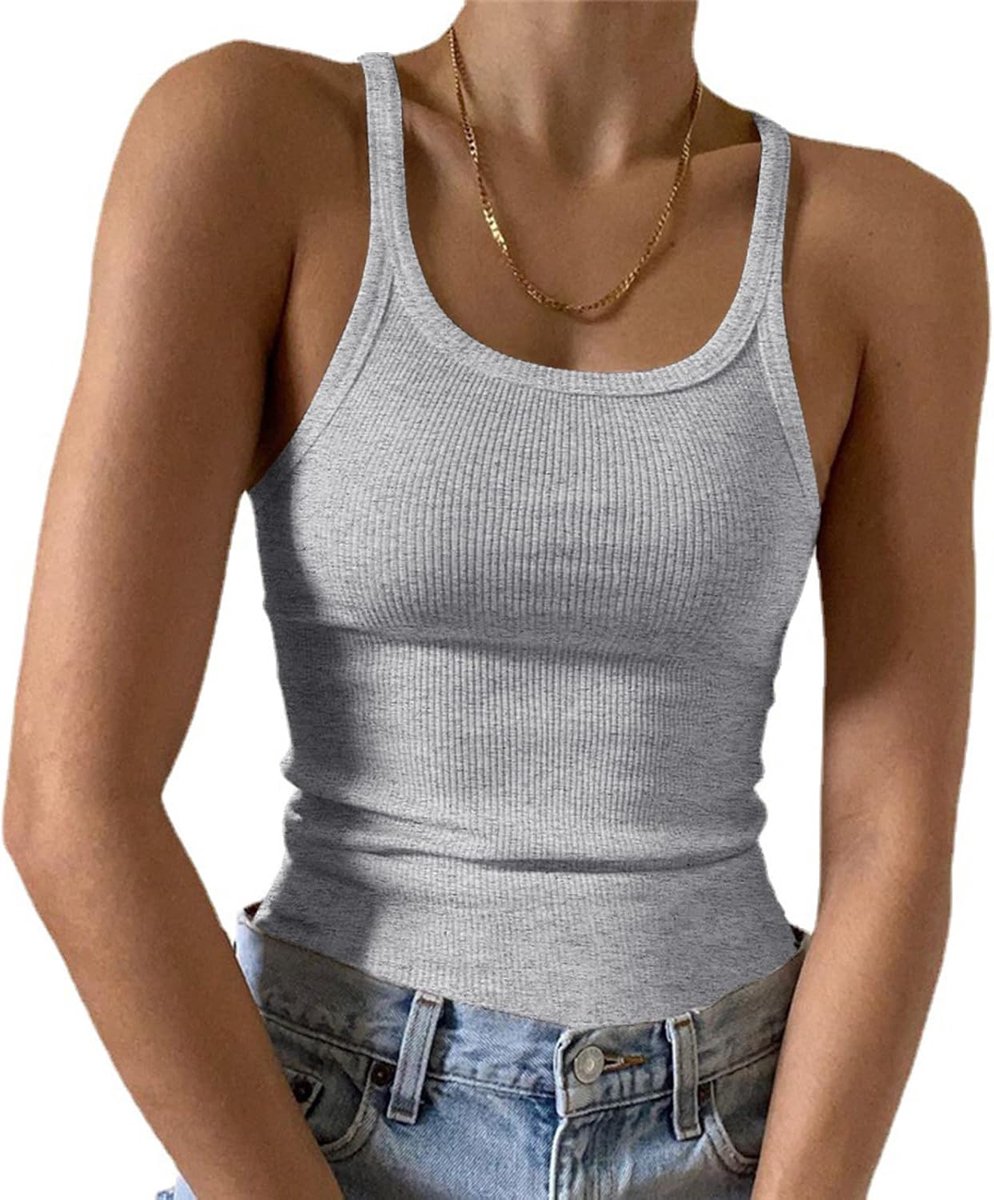 Mouwloze tanktop voor dames, nauwsluitend met ronde hals, geribbeld gebreid, basic cami-shirts
