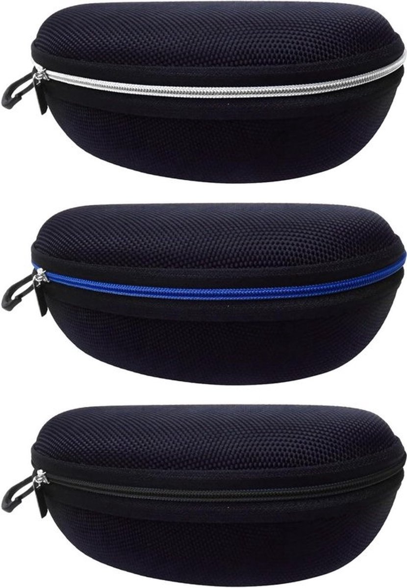 3-pack etui met ritssluiting voor brillen en zonnebrillen met karabijnhaak (zwart + blauw + zilver), zwart, blauw, zilver, Eén maat