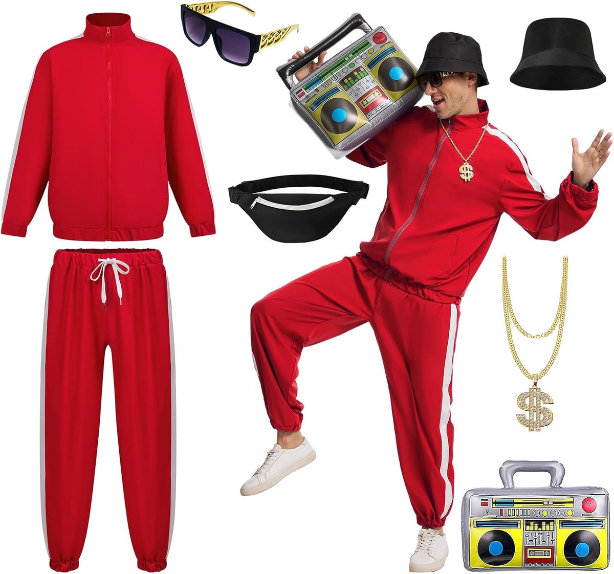 Hip-hop-kostuumset voor heren, trainingsjack met muts, bril, gouden dollar-ketting, heuptas en boombox ballon, hiphop-outfit voor party, Halloween, cosplay