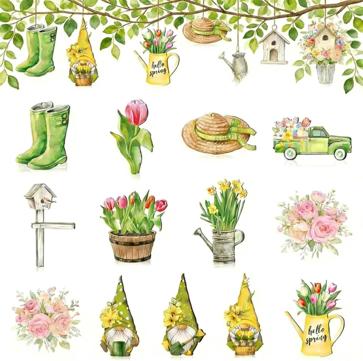 24 stuks houten lentedecoratie om op te hangen met touw, thema: Lentetuin, voor tak, plafond, deur, raam, tuin, erf