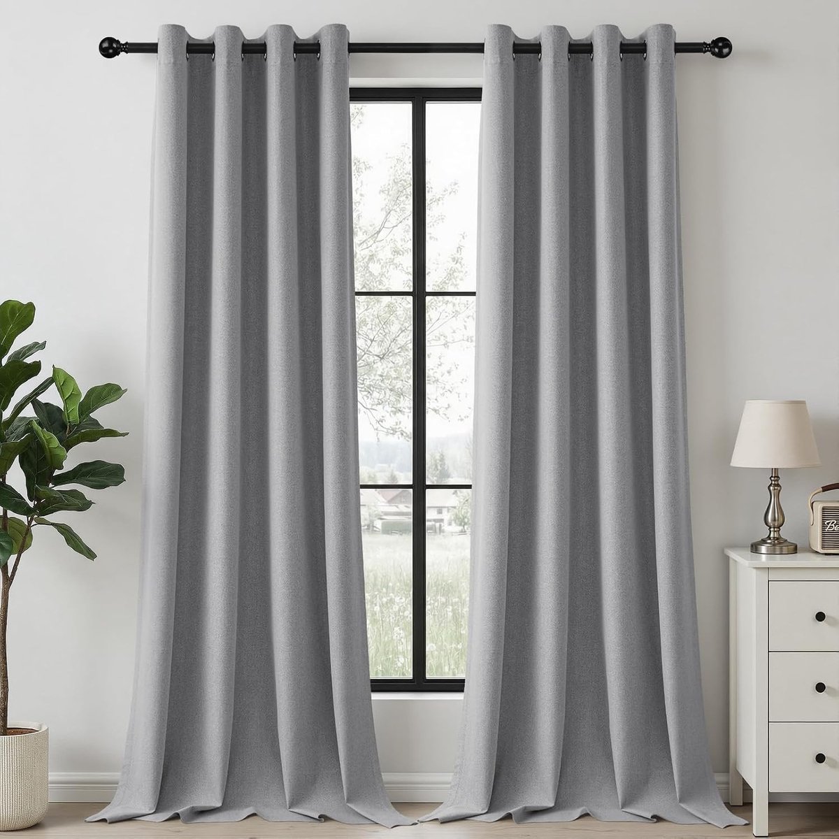 100% verduisterend, linnenlook, H 245 x B 140 cm, Lichtgrijs thermogordijnen met oogjes, set van 2 voor slaapkamer, woonkamer en kinderkamer