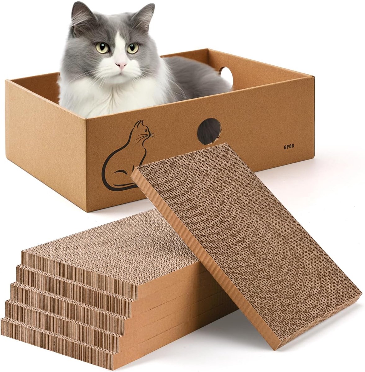 Krabplank kat met doos, 6 stuks. Dubbelzijdig krabkarton voor katten, golfkarton krabplank voor katten binnen, 37 x 27 x 13 cm