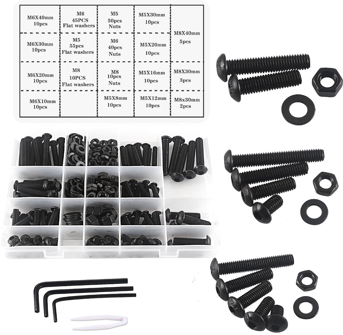 Schroevenset met bouten en moeren M5, M6 en M8 zwart zeskantkop dopschroeven en moeren set, draadschroeven en moeren set gereedschap assortiment, 310 stukken