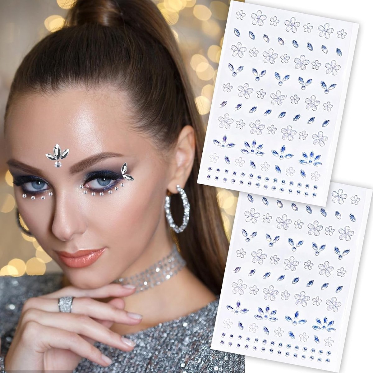 gezicht, 2 stuks strass-steentjes, bloemen, glittersteentjes, zelfklevend, strasssteentjes, tijdelijke tatoeages voor Halloween, carnaval, muziekfestival, feestkostuum (wit)