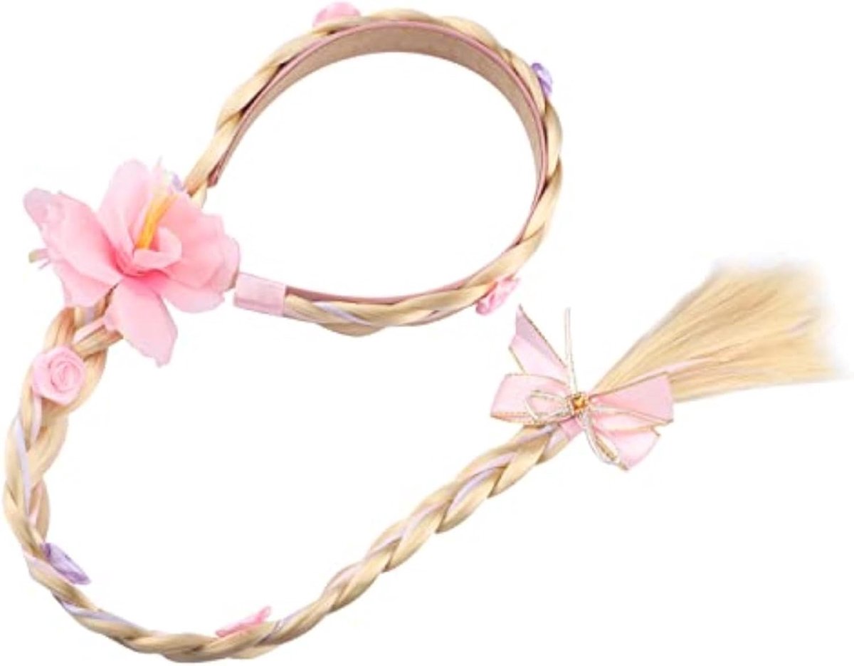 Aankleden Pruik met Vlecht – Roze Lange Vlecht Pruik met Hoofdband en Strik – Prinsessen Verkleed Accessoire voor Meisjes, Feest en Cosplay
