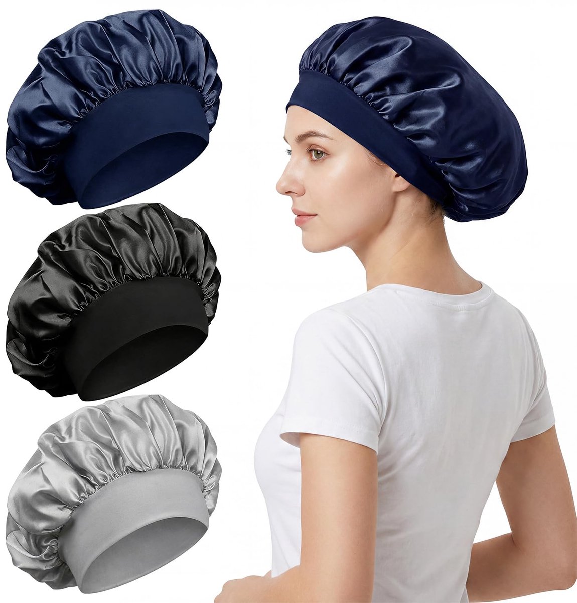3-delige Satijnen Slaapmuts Heren, Zachte Bonnet met Elastische Brede Band, Verstelbaar & Omkeerbaar voor Nacht en Dag (Zilver, Marineblauw, Zwart)
