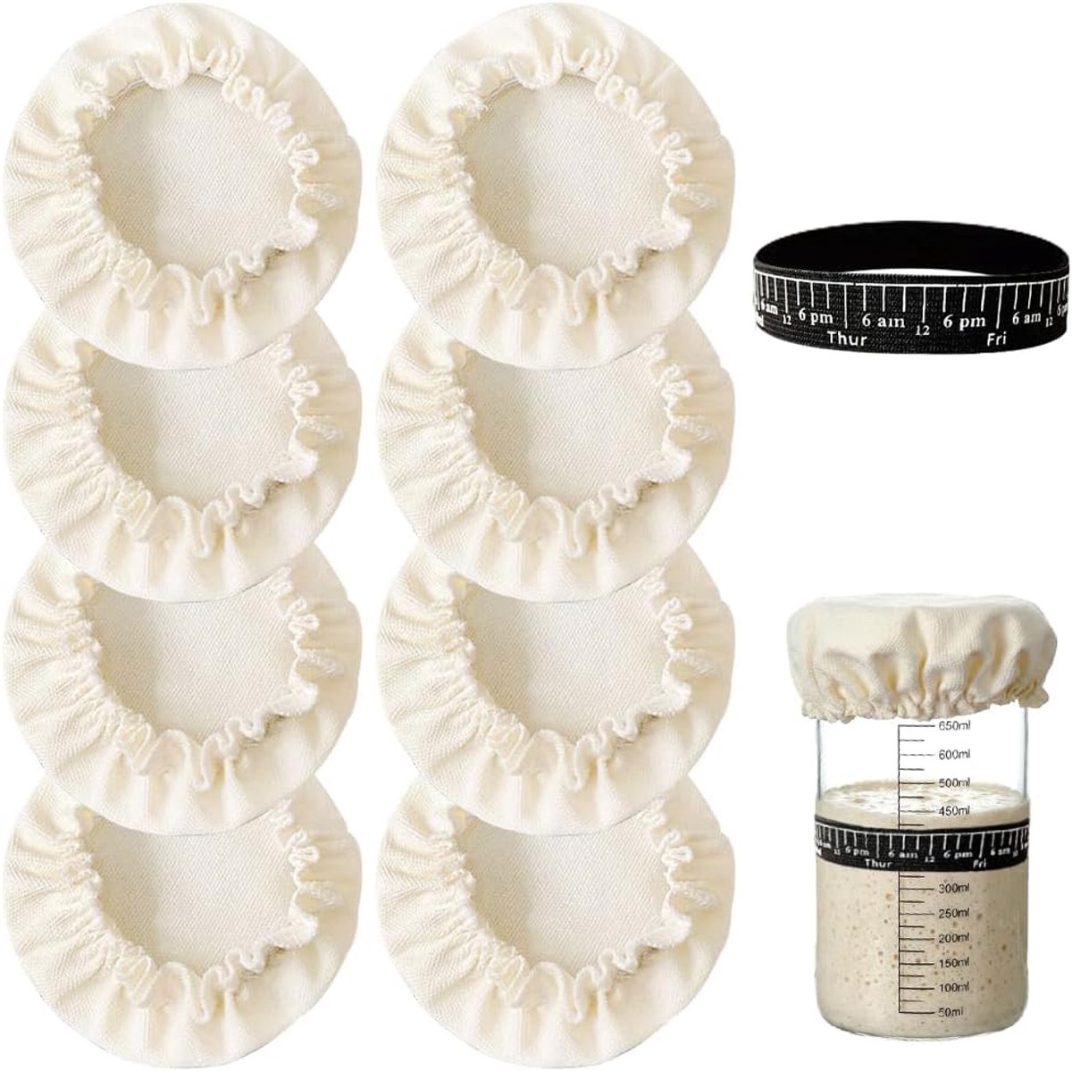 8 stuks stoffen mousseline pot deksel deksel met 1 elastische tijdband zuurdesem starter pot cover doek jam blikje katoenen doek covers herbruikbare elastische ademende past 7-4 inch potten