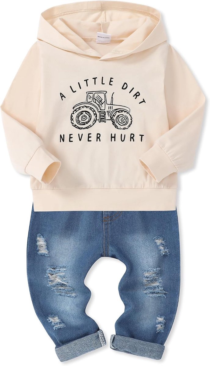 2-delige set voor pasgeborenen, 1-5 jaar, letterprint, trui met capuchon, bovendeel + broek jeans