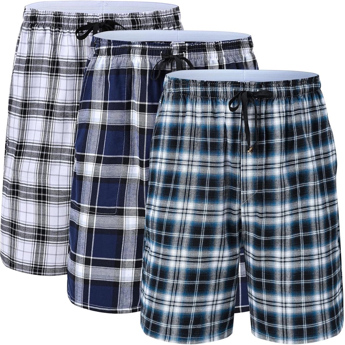 Pyjamabroek voor heren, korte pyjama, katoen, set van 3, geruite slaapbroek, zacht, ademend, zakken, knoopsluiting