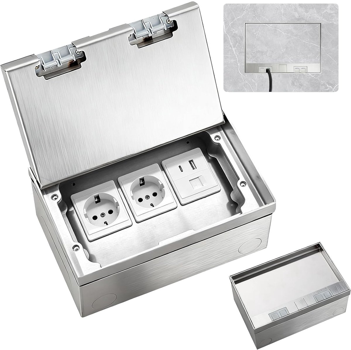 Vloerstopcontact, roestvrij staal, inbouwstopcontact, waterdichte vloerinbouwdoos met 2 AC + USB + type C + RJ45, verzonken stopcontact voor vloer