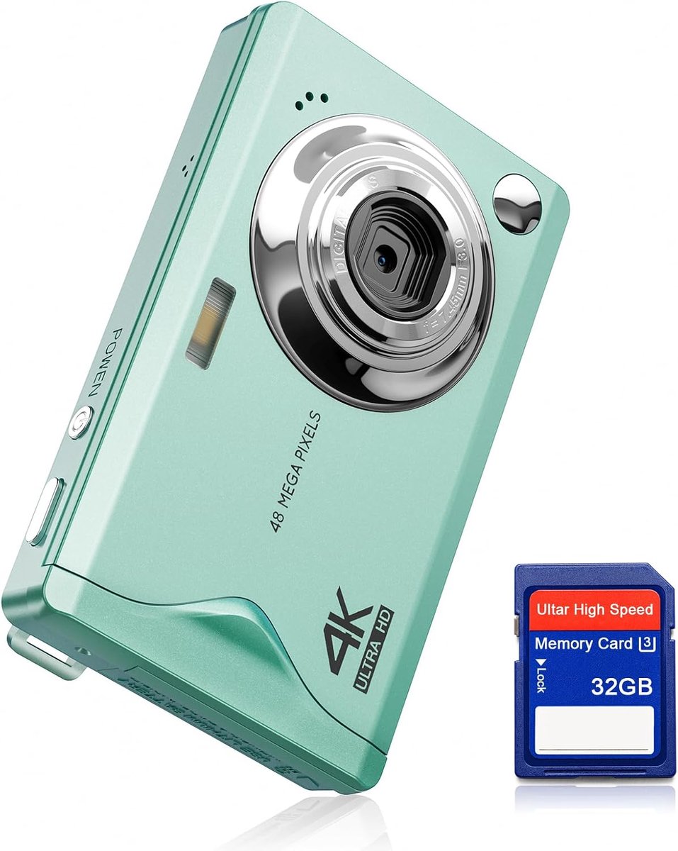 Camera CCN, 48MP 1080P FHD fotocamera met 3,0 inch scherm, 16 x digitale zoom, draagbaar, compacte camera met 32 GB TF-kaart, USB-kabel, voor tieners, volwassenen en beginners, groen