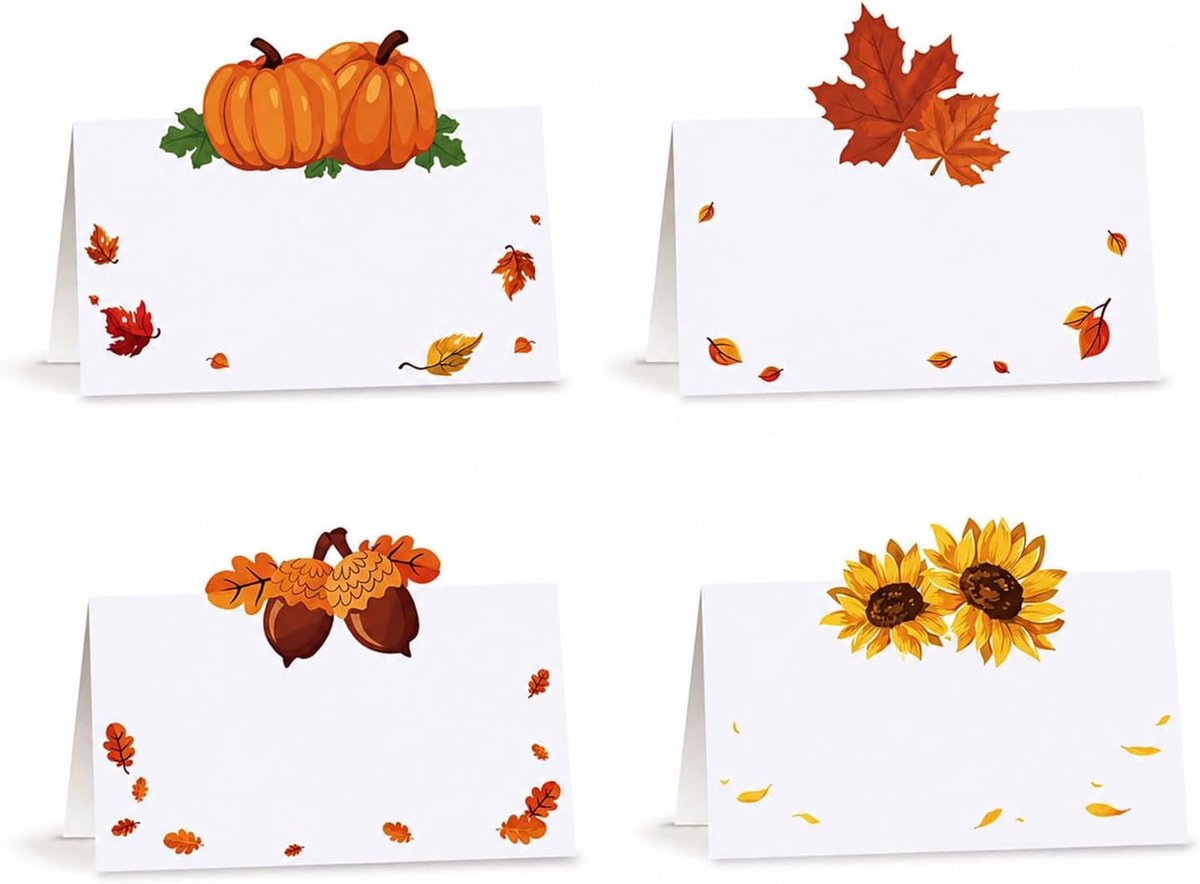 40 Stuks Naamkaartjes Herfst Met Pompoen en Esdoornblad, Tafelkaarten Herfst, Tafelkaart Met 4 Motieven Elk 10 Stuks voor Eettafels, Verjaardagen en Oogstfeest Decoratie