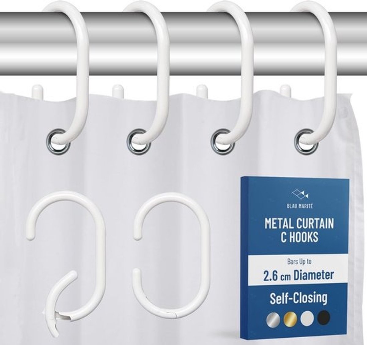 12x Douchegordijnhaken C-vormig met Anti-Val Slot - Sterke Metalen Haken voor Douchegordijn & Badkamerstang tot 2,6 cm - Wit