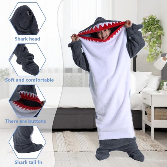 Flanellen Hooded Shark Blanket - Comfortabele Deken met Voeten voor Kinderen, Perfect als Verkleedkostuum en Slaapzak voor Feestjes — afbeelding 2