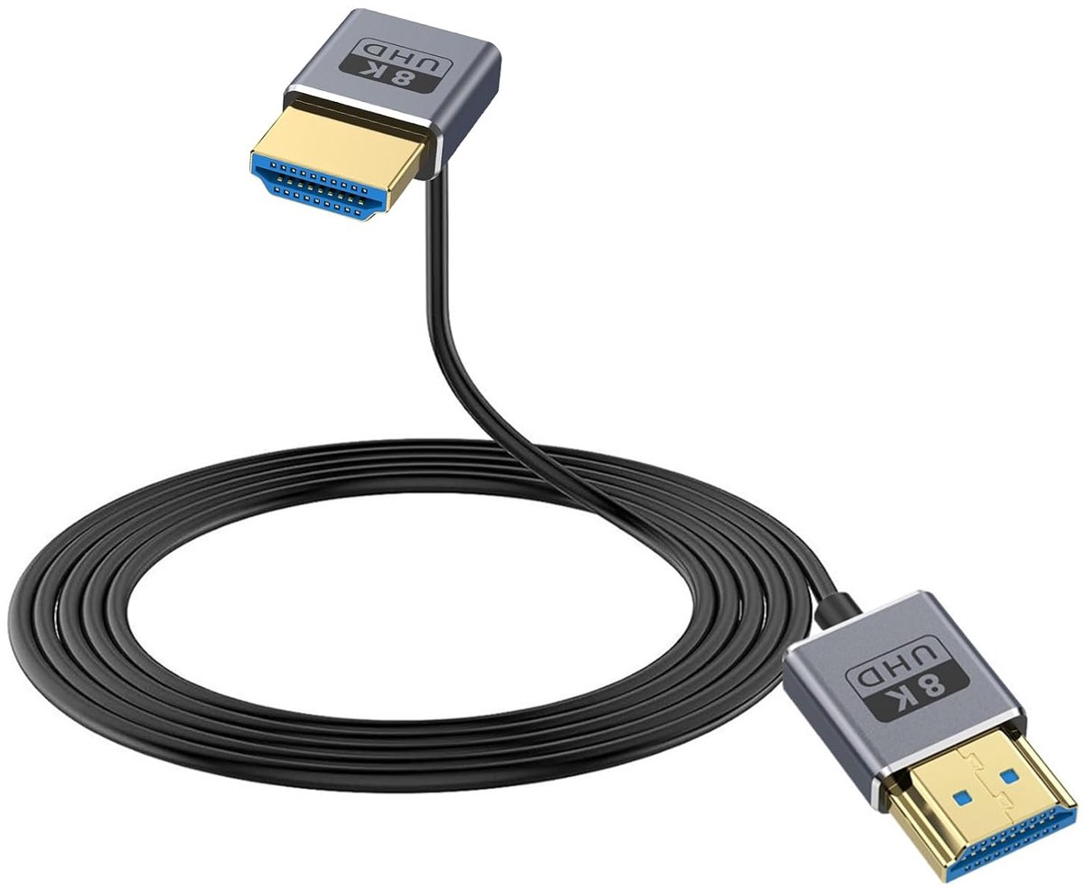 8K 90 graden HDMI 2.1-kabel 3 FT, HDMI-kabel met hoge hoek, HDMI-kabel met hoge snelheid 48 Gbps, ultradunne HDMI-kabel OD2,5 mm, ondersteuning 8K @60Hz, 4K @240Hz voor Roku TV, GH5S, PS5, Xbox
