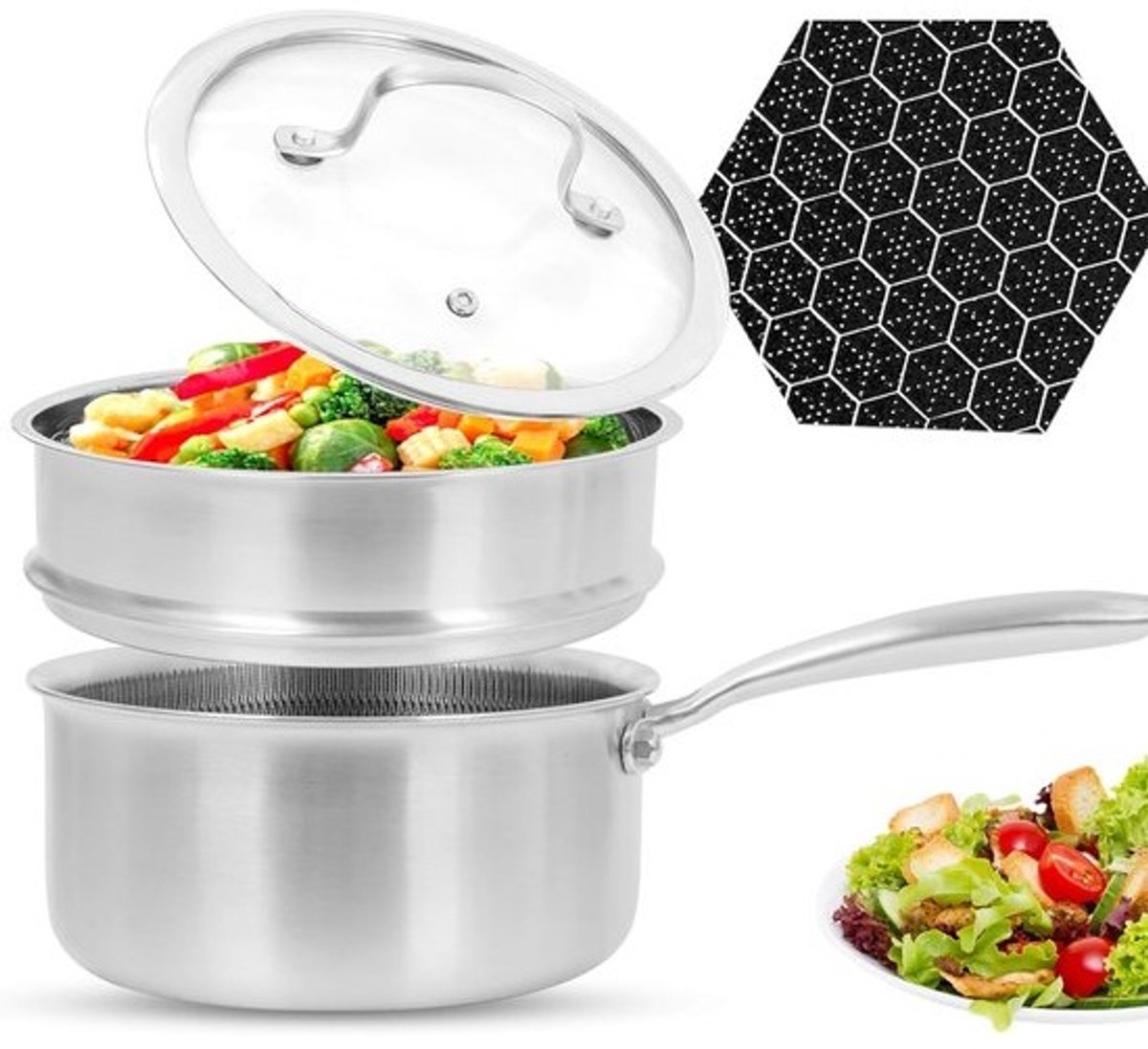 Hybride Roestvrijstalen Steelpan met Stomer - 2,0 Qt Vaatwasser- en Ovenbestendig