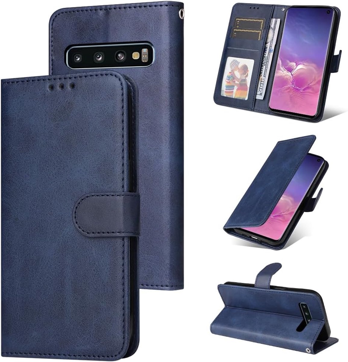 Hoes voor mobiele telefoon voor Samsung Galaxy S10, PU-leer, magnetische klaphoes, portemonnee, kaartenvak, 360, stootvaste beschermhoes, hoes met standfunctie, blauw
