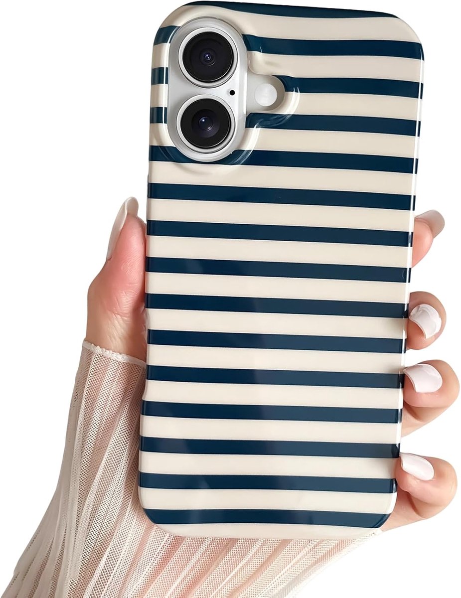 Compatibel met iPhone 16 schattige horizontaal gestreepte telefoon, zacht TPU slank schokbestendig telefoonhoesje voor vrouwen meisjes mooi en stijlvol, marineblauw