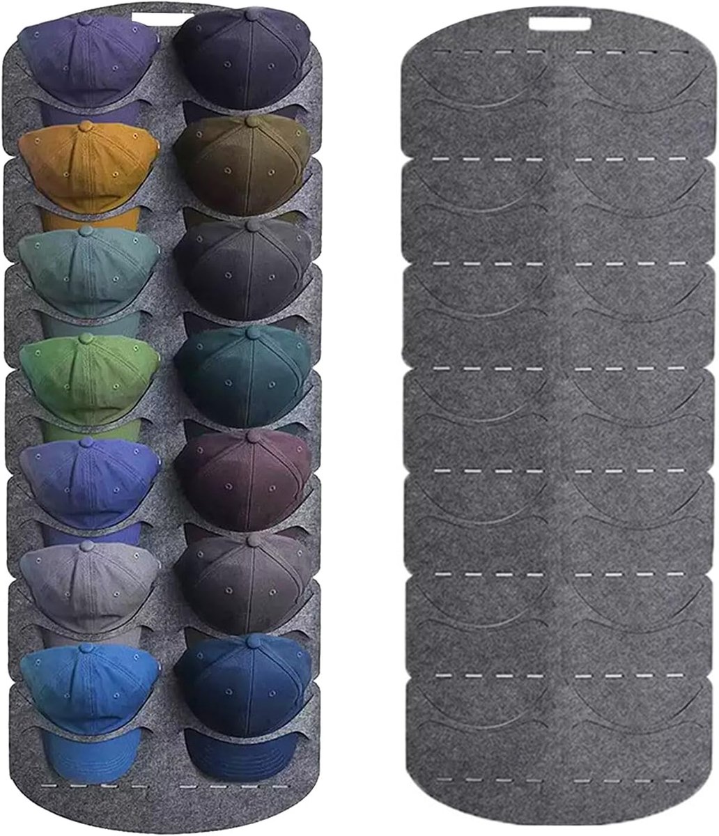 Caphouder voor muur, baseballcap, houder, hoedenhouder, dubbele rij, hoed, organizer, opvouwbaar, deurachterwand met 14 vakken, pethouder voor het opbergen van baseballcaps (grijs)