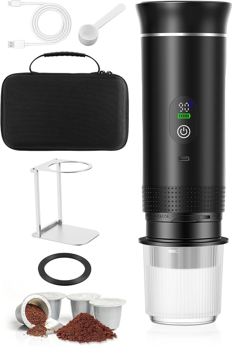 Koffiemachine 3-in-1, met Temperatuurdisplay, Snel Verwarmen 80ml, 20 Bar Druk, Geschikt voor Cups & Gemalen Koffie, 7500mAh USB-C, Ideaal voor Reizen & Kantoor (Zwart,stand en tas)